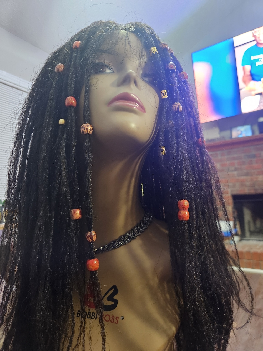 Black Dreadlock Wig with Red/Orange Beads - Unbranded